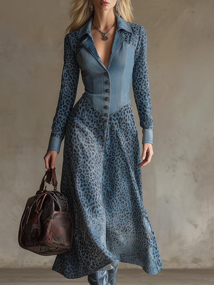 Elegant And Stylish Blue Leopard Print Denim Maxi Dress