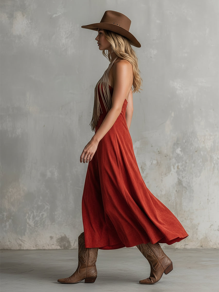 Western-style Sexy Red Faux Suede Halter Neck Backless Sleeveless Midi Dress