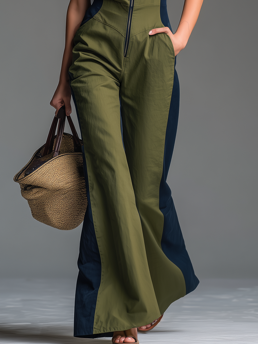 Retro Casual Stand-up Collar Zipper Sleeveless Jumpsuit