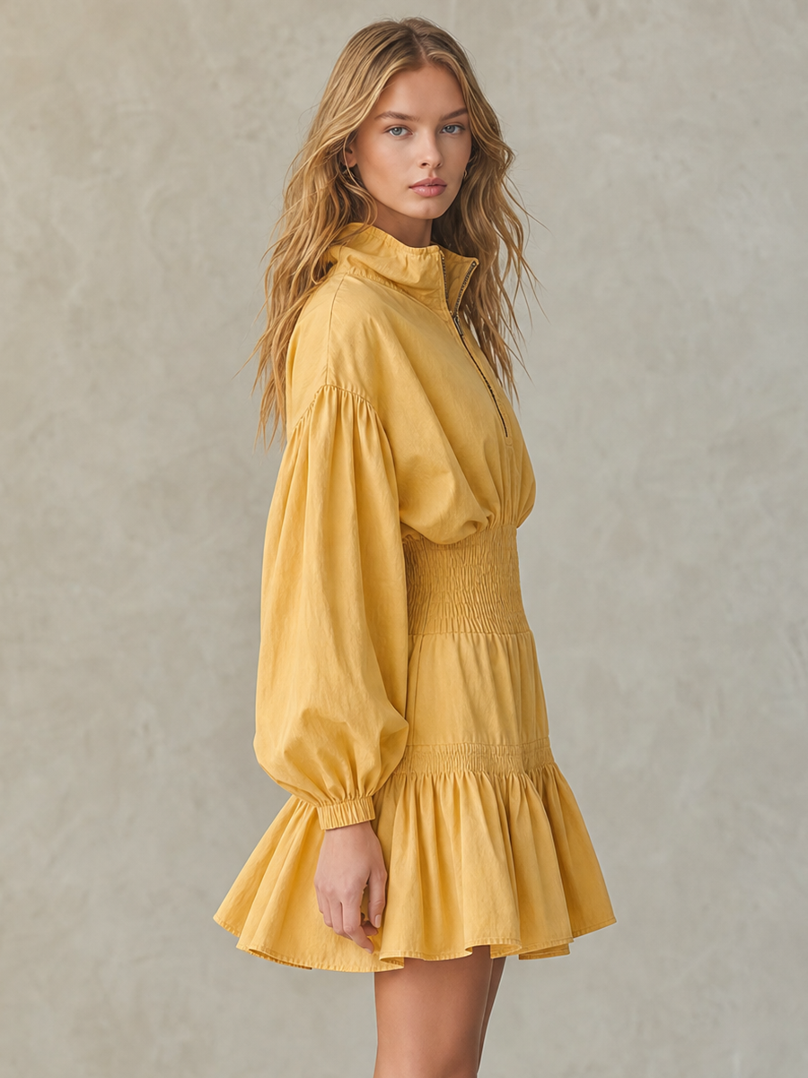 Casual Stand-collar Half-zip Gathered Cinched-waist Denim Dress