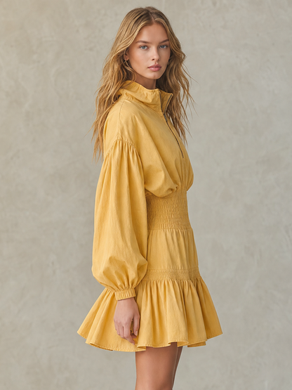 Casual Stand-collar Half-zip Gathered Cinched-waist Denim Dress