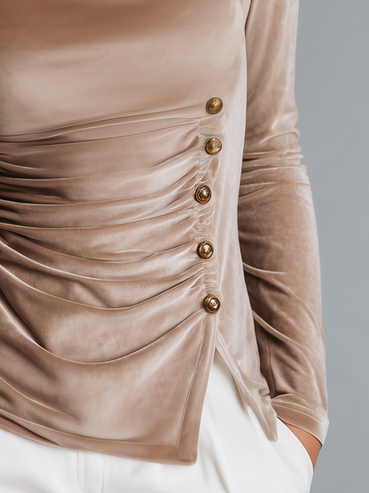 Retro Elegant Cowl Collar Pleated Velvet T-shirt