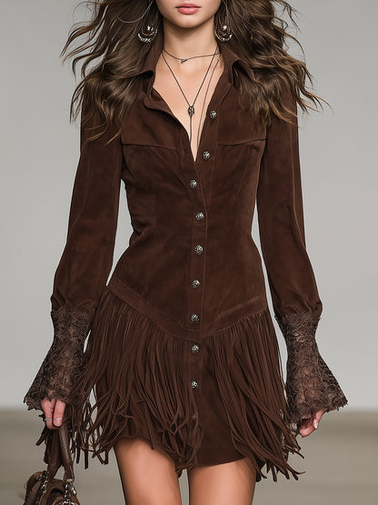 Western-style Brown Faux Suede  With Fringed Hem And Cuffs Shirt  Mini Dress