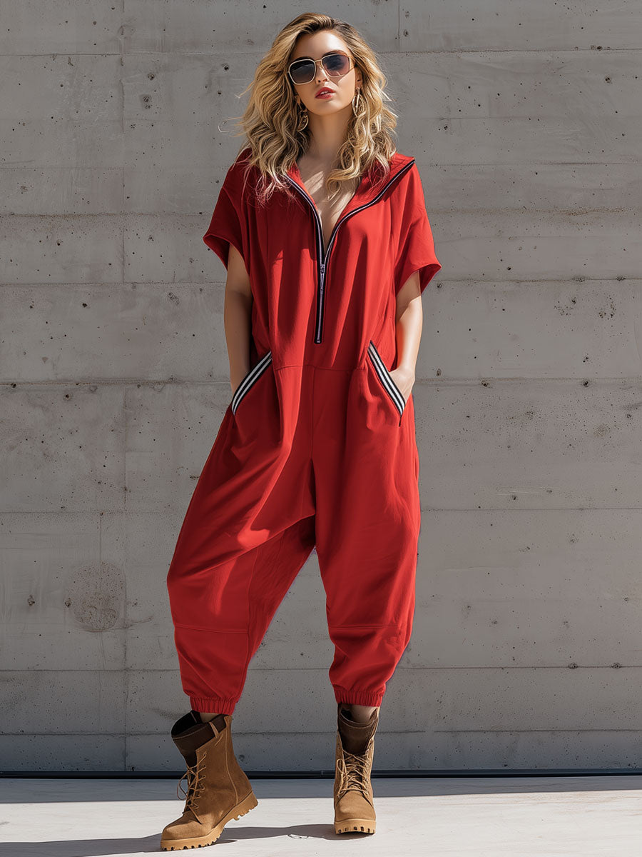 Sporty Retro Black And White Striped Red Cotton Blend Sleeveless Jumpsuit