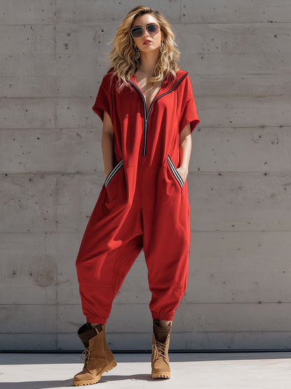 Sporty Retro Black And White Striped Red Cotton Blend Sleeveless Jumpsuit