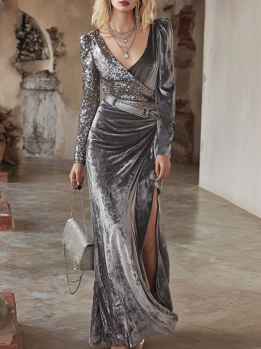 Elegant And Luxurious Silver Sequined Patchwork Velvet Slit Maxi Dress