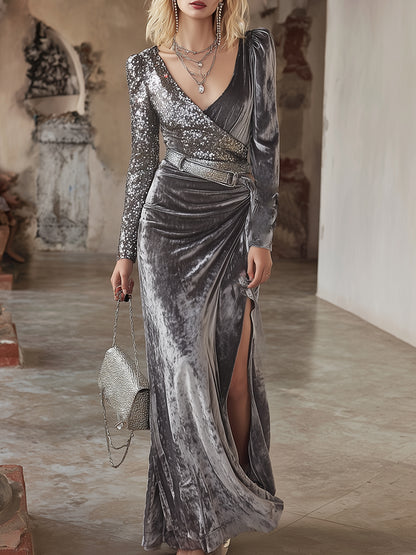 Elegant And Luxurious Silver Sequined Patchwork Velvet Slit Maxi Dress