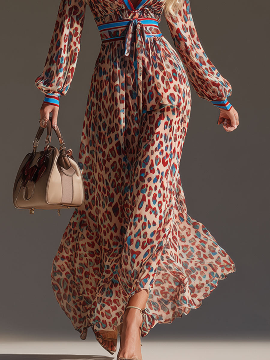 V-neck Color-blocked Leopard Print Chiffon Long-sleeved Maxi Dress