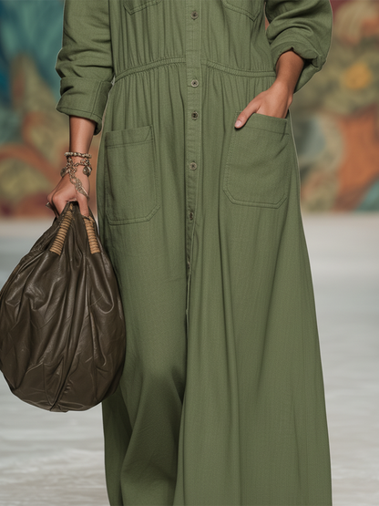 Retro Casual Loose Solid Color Multi-pocket Maxi Dress