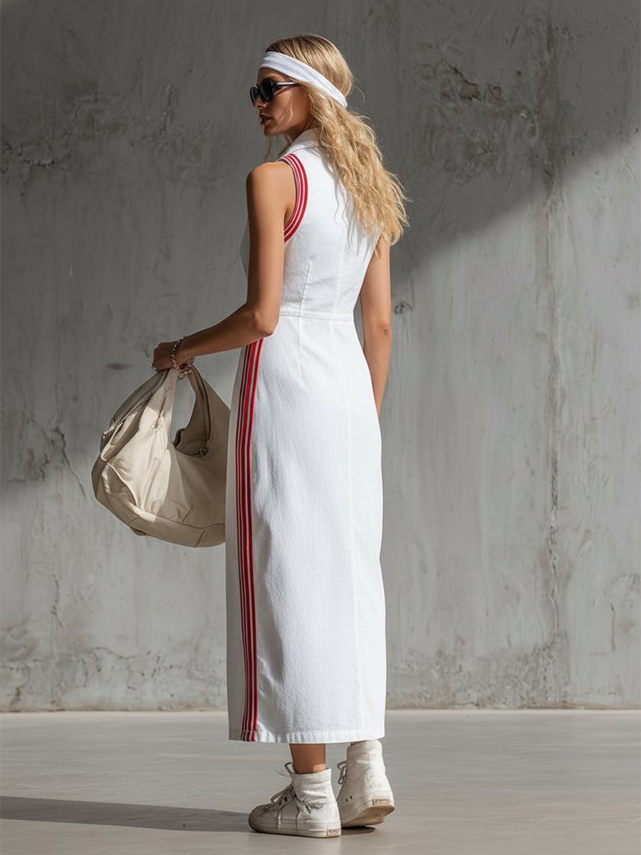 Stylish Sporty Striped-trim White Cotton Collared Sleeveless Maxi Dress