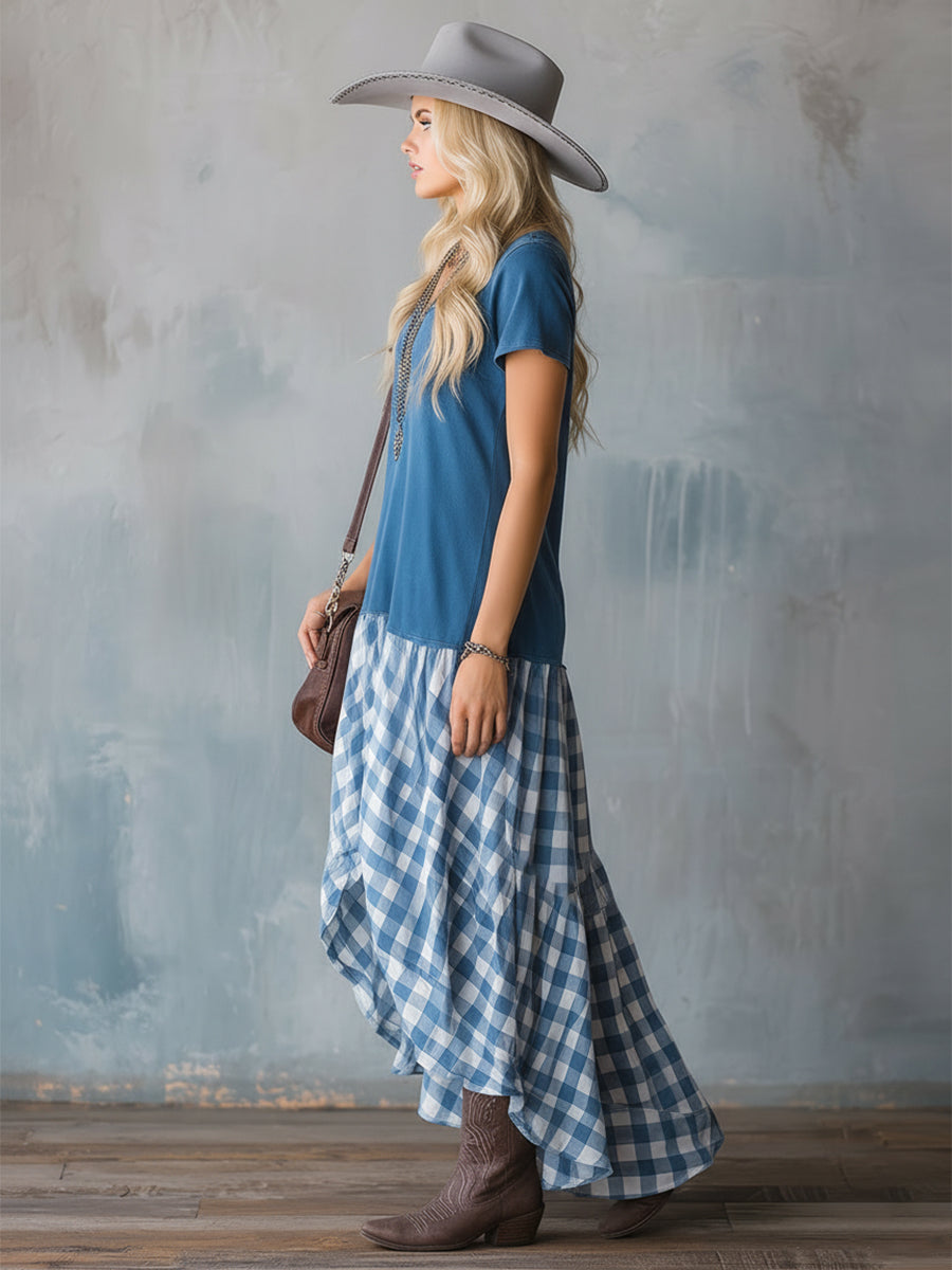 Retro-style Fashionable Blue Faux Suede Patchwork Plaid Short-sleeved Maxi Dress