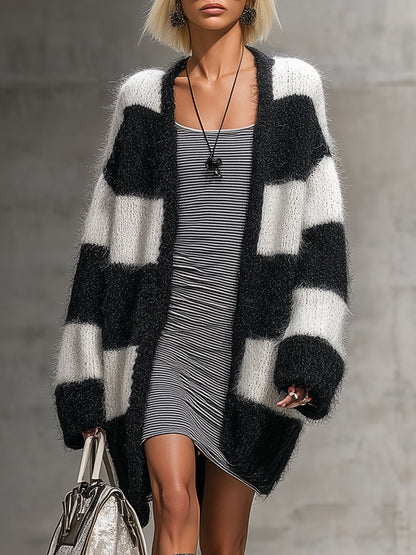 White Mohair With Black Stripes Cardigan