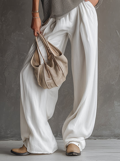 Simple Urban Gray Cotton Linen Wide-leg Pants
