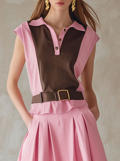Casual Retro Sporty Brown And Pink Tie-front Top And Pleated Skirt Set