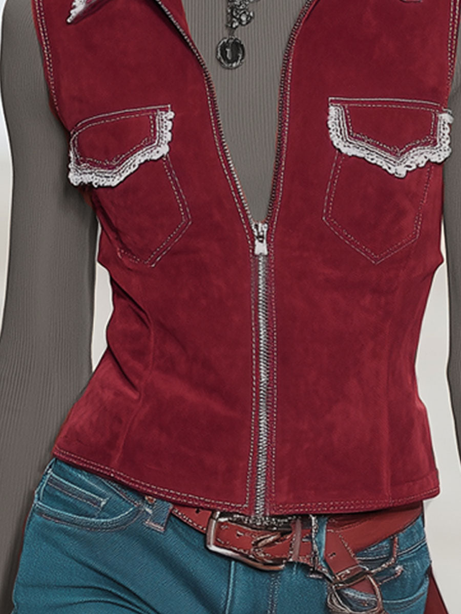 Lapel Double Pocket Lace-trimmed Zipper Faux Suede Vest