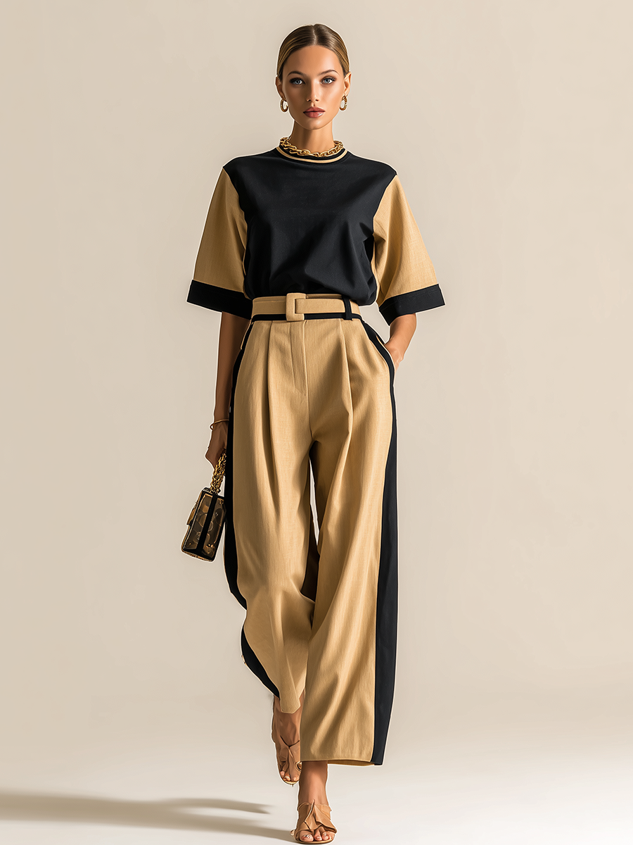 Elegant Retro-style Color-blocked Short-sleeved T-shirt And Wide-leg Pants Set