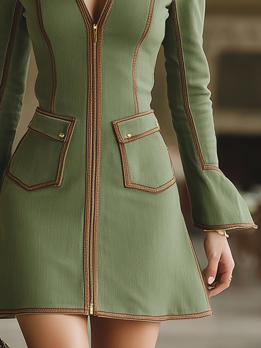 Retro-chic Brown Trim Olive Green Mini Dress