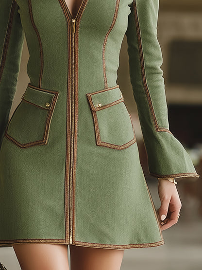 Retro-chic Brown Trim Olive Green Mini Dress