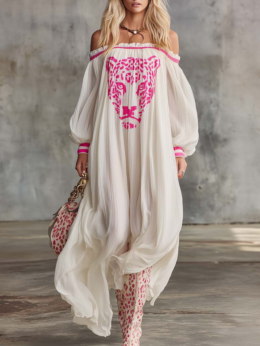 Elegant Flowing, Ultra-loose Off-shoulder Pink Leopard Print Off-white Chiffon Maxi Dress