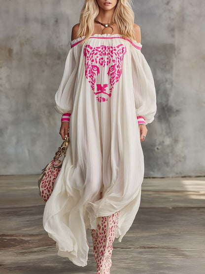 Elegant Flowing, Ultra-loose Off-shoulder Pink Leopard Print Off-white Chiffon Maxi Dress