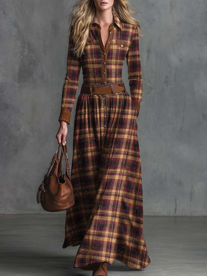 Vintage Western Elegant Lapel Front Button Brown Suede Trim Red Distressed Plaid Maxi Dress