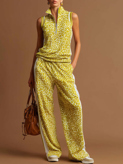 Sporty Retro Yellow Leopard Print Velvet Half-Zip Sleeveless Top And Wide-Leg Pants Set