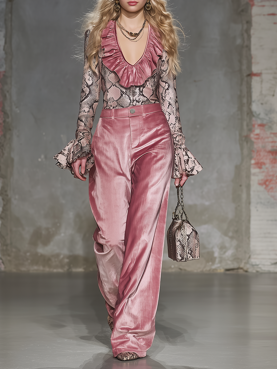 Retro Western-style Snake Print V-neck Ruffled Pink Velvet Top And Wide-leg Pants Set