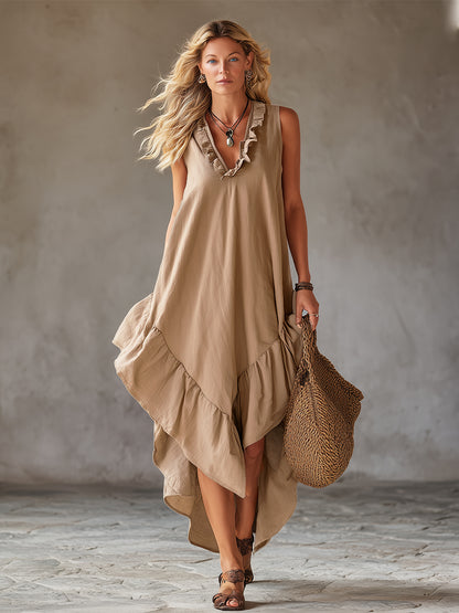 Casual Urban Style V-neck Ruffled Khaki Cotton And Linen Sleeveless Maxi Dress