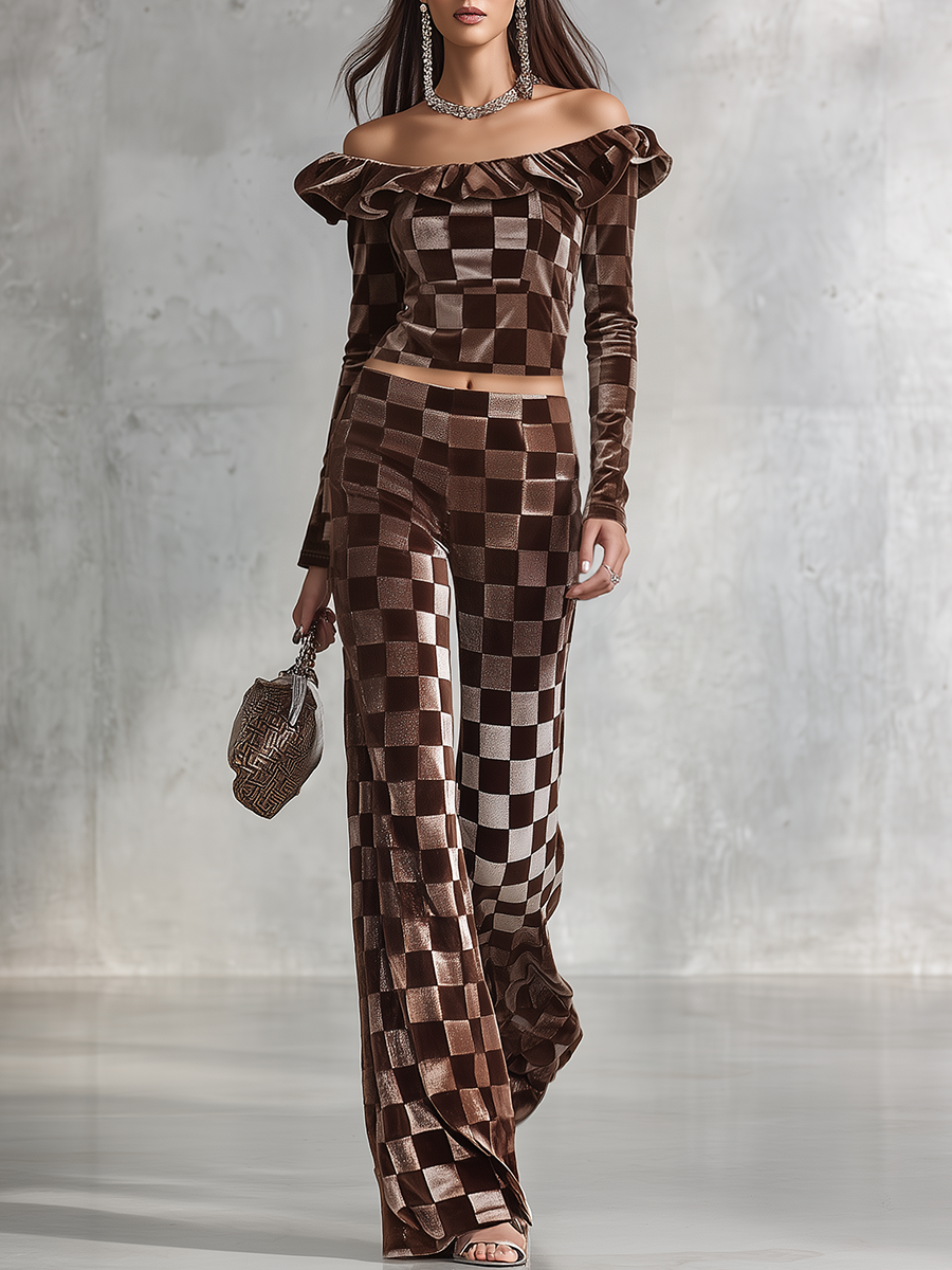 Sporty And Elegant Ruffle Off-the-shoulder Velvet T-shirt And Pants Set