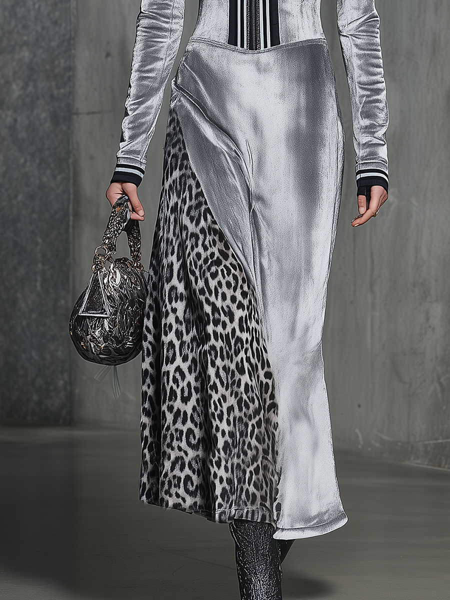 High-end Chic Hooded Leopard Print Silver Maxi Dress