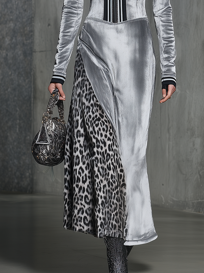 High-end Chic Hooded Leopard Print Silver Maxi Dress