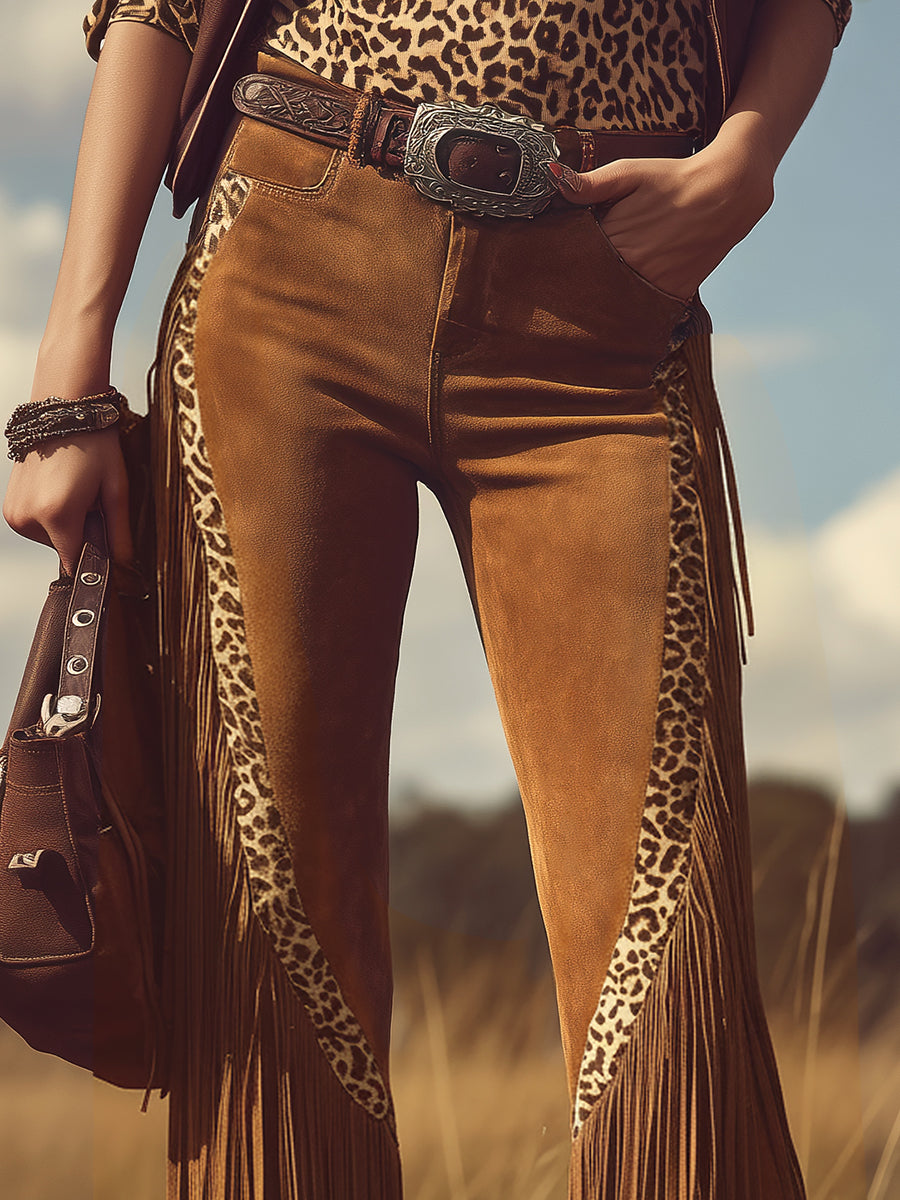 Retro Western-style Fringed Faux Suede Flared Trousers