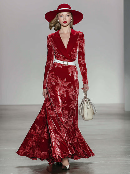Elegant Red Velvet Maple Leaf Textured Suit Collar Maxi Dress