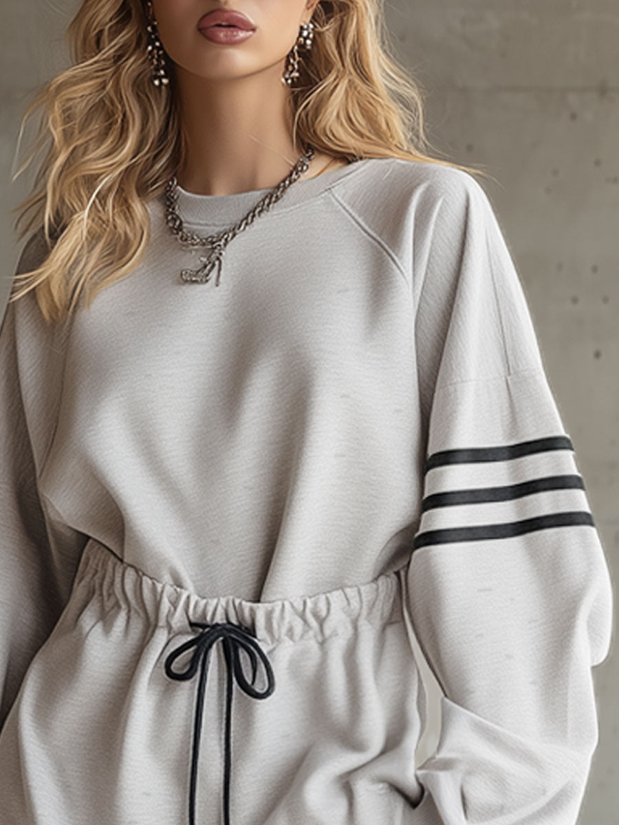 Sporty Retro Striped Grey And White Cotton Blend Long-sleeved Mini Dress