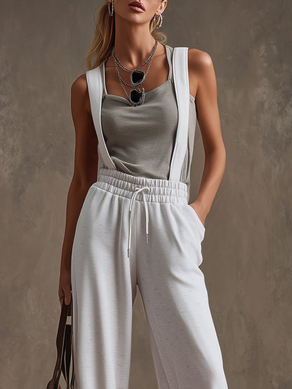 Casual Sporty Retro Gray-White Cotton Blend Overalls