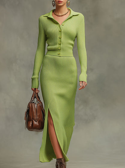 Trendy Retro Yellow-green Long-sleeved Knit Cardigan And Slit Skirt Set