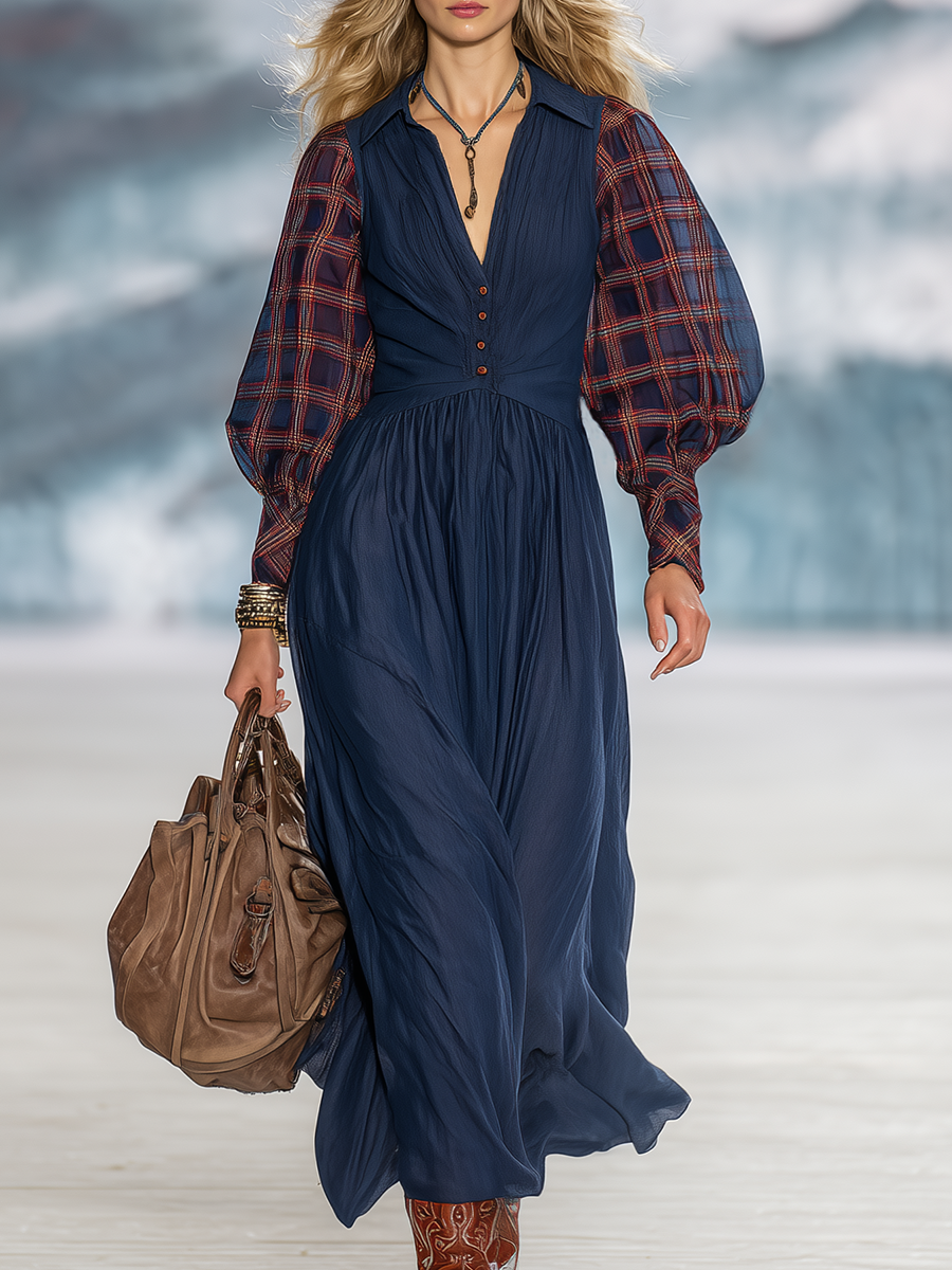 Retro-chic Red Plaid Sheer-sleeved Blue Tencel Maxi Dress