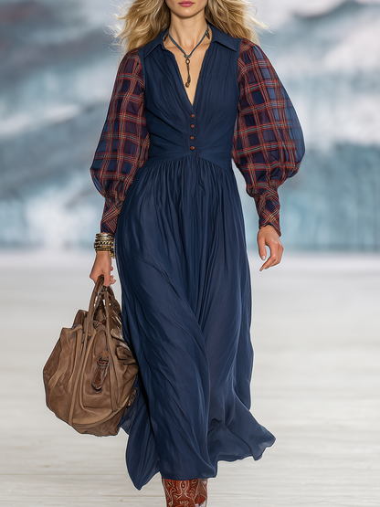 Retro-chic Red Plaid Sheer-sleeved Blue Tencel Maxi Dress
