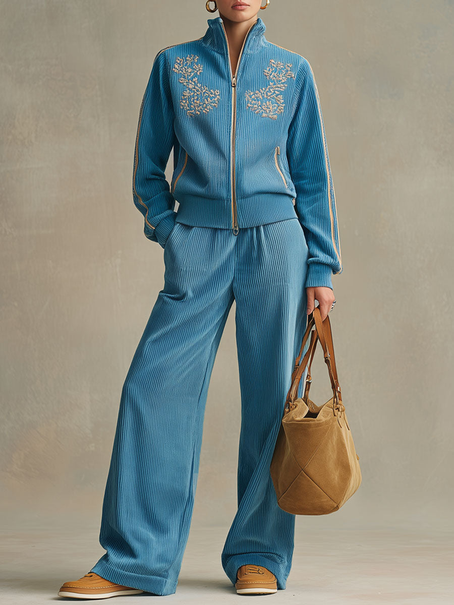 Sporty Retro Embroidered Blue Corduroy Zipper Sweatshirt And Wide-Leg Pants Set