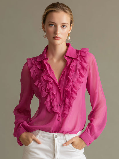 Fashionable Retro Pink Ruffled Chiffon Shirt