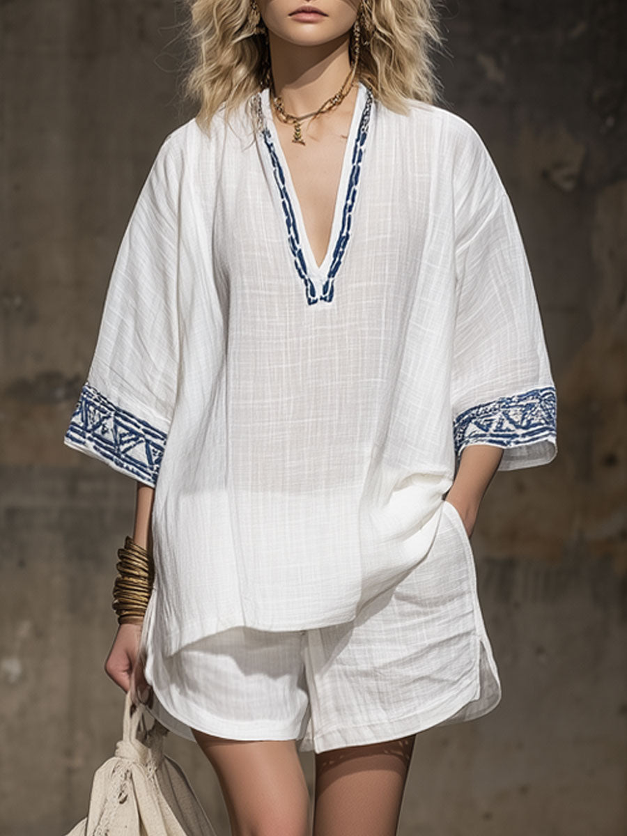 Bohemian Embroidered White Cotton And Linen Short-sleeved Shirt And Shorts Set