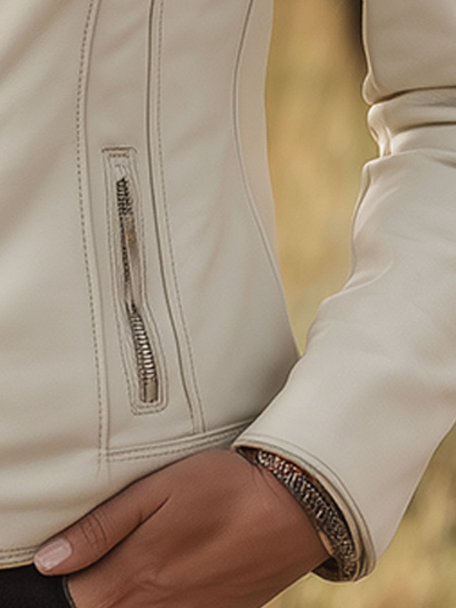 Retro Western Style Zippered White Faux Leather Jacket