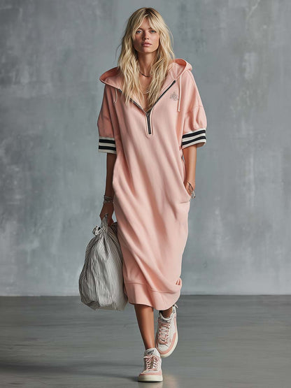 Casual Fashion Sporty Hooded Front Zipper Short-sleeved Cherry Blossom Pink Cotton Midi Dress