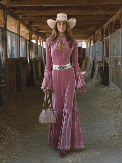 Western-style Elegant Teardrop Neckline And Flared Sleeve Maxi Dress