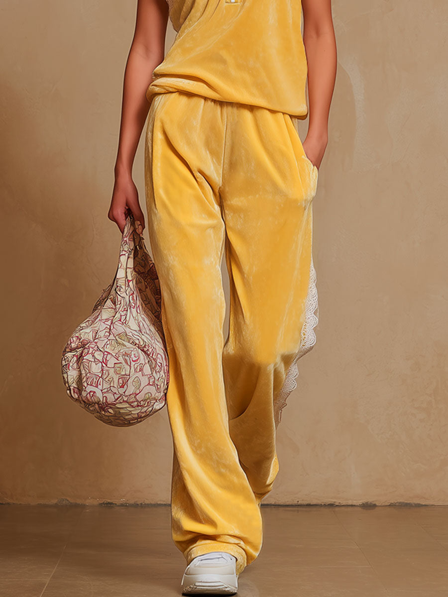 Color-block Lace-trimmed Hooded Sleeveless Top And Velvet Pants Set