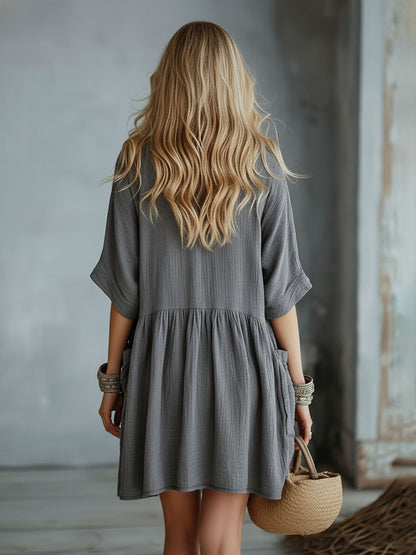 Gray Cotton And Linen Collared Button-down Short-sleeved Mini Dress
