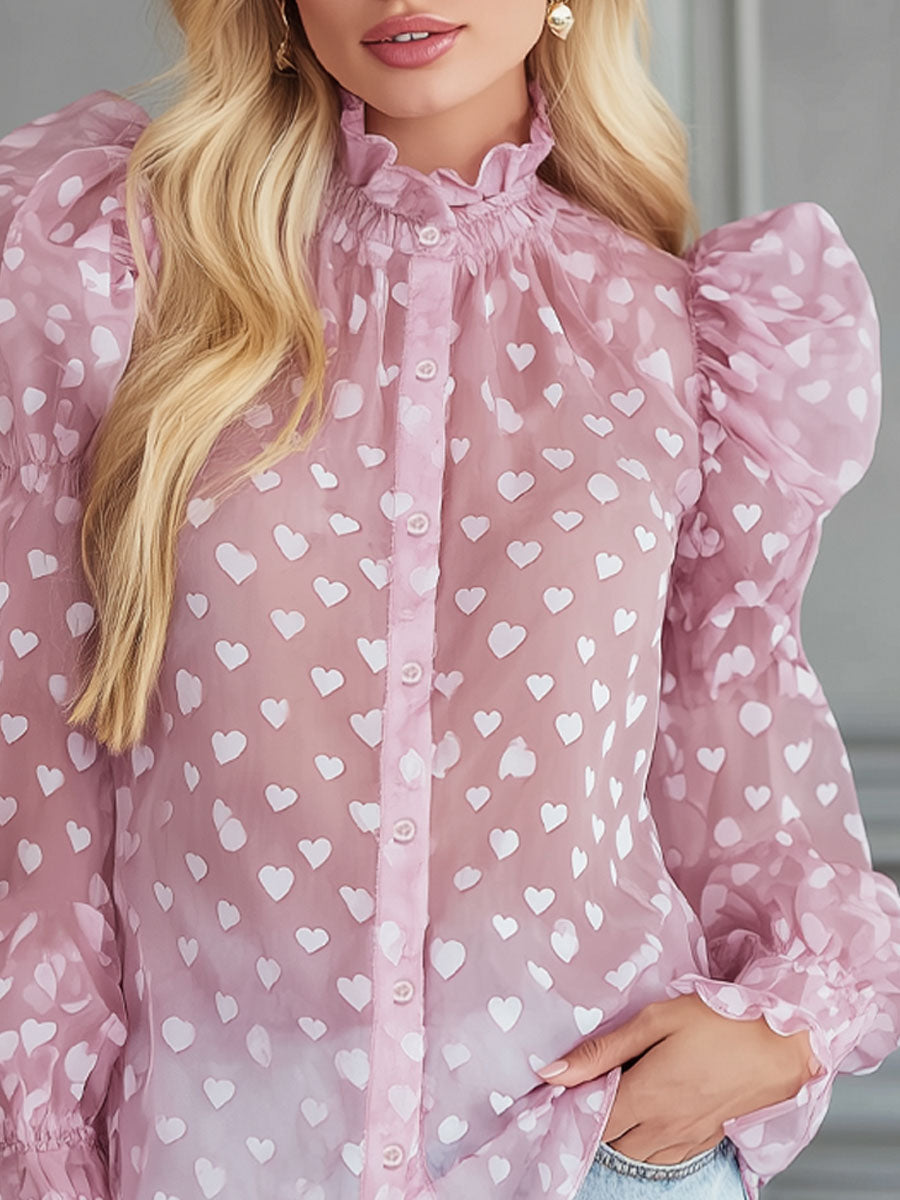 Heart-print Chiffon Puff-sleeved Shirt