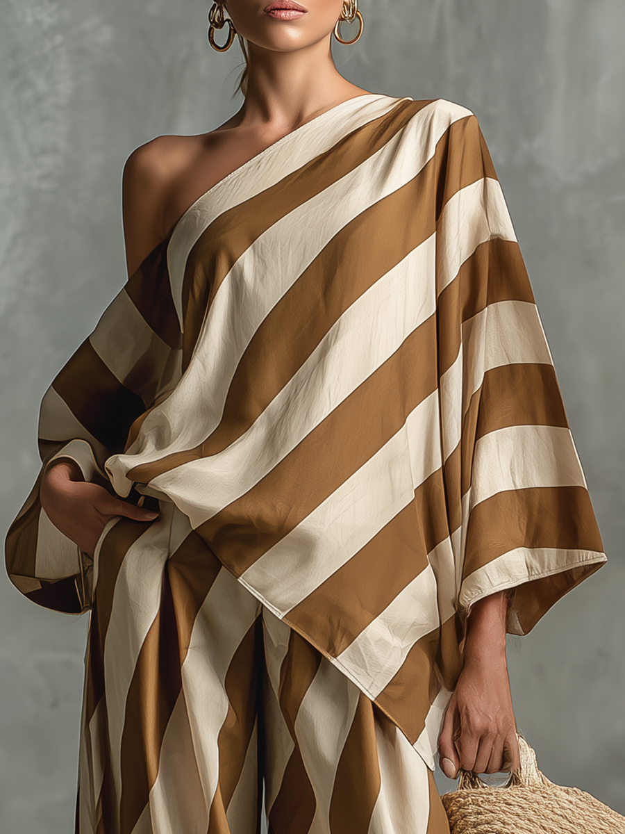 Lazy Chic Retro Striped Print Chiffon Top And Wide-Leg Pants Set