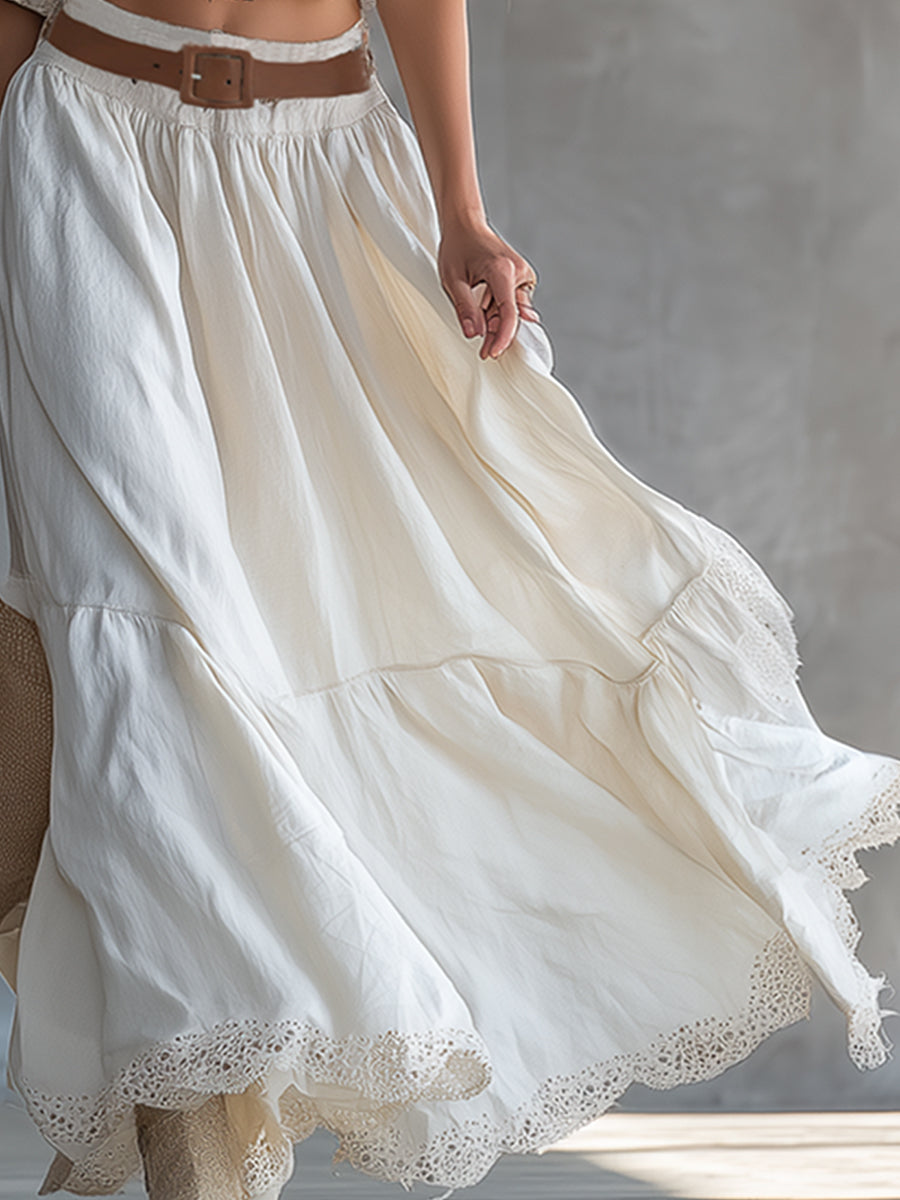 Elegant Boho Style Lace-trimmed White Cotton And Linen T-shirt And Skirt Set