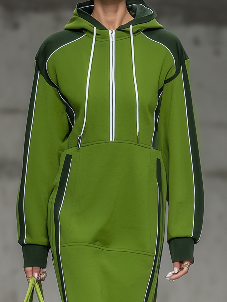 Sporty Dark Green Color-blocked Light Green And White Woven Ribbon Zipper Maxi Dress